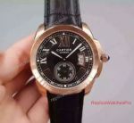 Knockoff Cartier Calibre de Cartier Rose Gold Black Dial Leather Band Watch